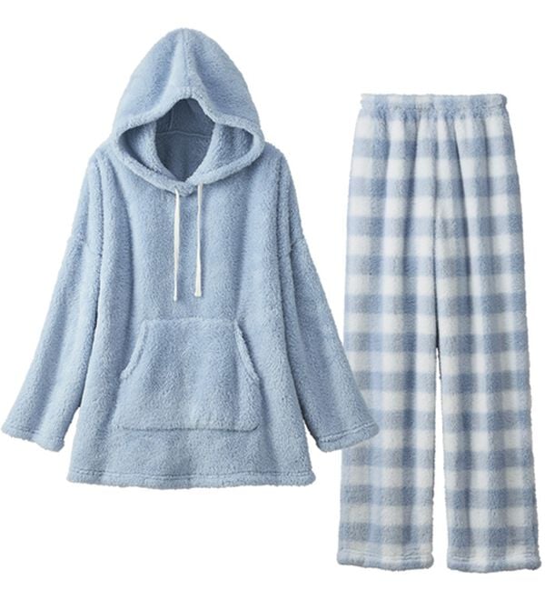 YU'NOW（ユナウ）の「【上下２点セット】ふんわりモコボアフリースパーカー＆パンツセット（パジャマ・ルームウェア）」｜ライトブルー
