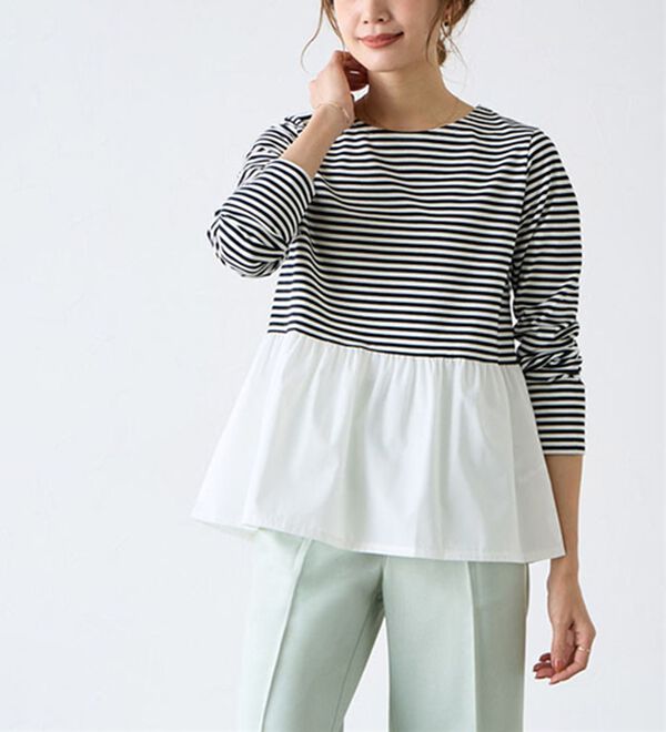 Pierrot（ピエロ）の「異素材ドッキングフリルギャザーペプラムカットソー（カットソー）」｜詳細画像