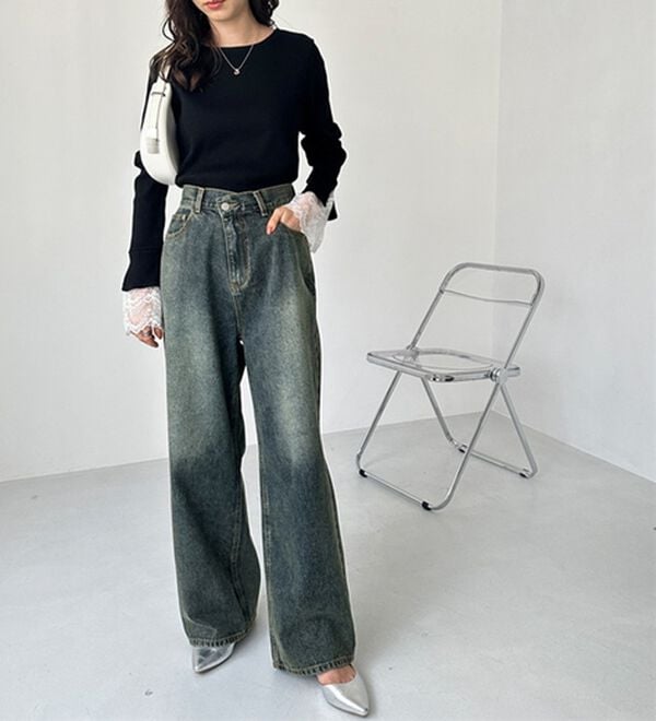 GeeRA（ジーラ）の「美脚見え！２ボタンウエストワイドデニムパンツ（フルレングスパンツ）」｜詳細画像