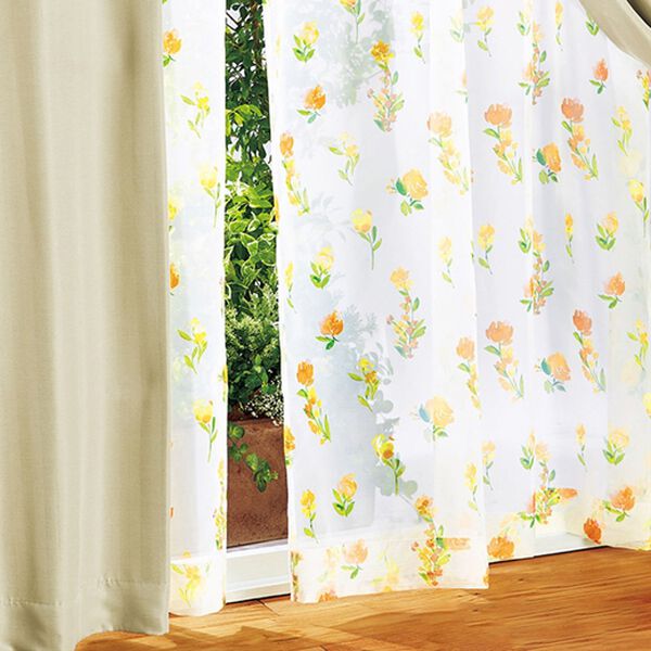 「簡単！素敵にコーディネートカーテン＆ボイルセット（ドレープカーテン）」｜アイボリー&times;イエローフラワー