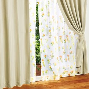 「【４枚組】簡単！素敵にコーディネートカーテン＆ボイルレースセット（ドレープカーテン）」｜アイボリー&times;フラワー