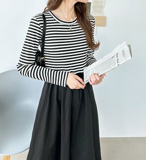 GeeRA（ジーラ）の「異素材切替ドッキングワンピース（ドッキングワンピース）」｜黒系ボーダー&times;ブラック