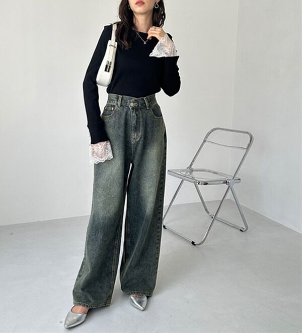 GeeRA（ジーラ）の「美脚見え！２ボタンウエストワイドデニムパンツ（フルレングスパンツ）」｜詳細画像