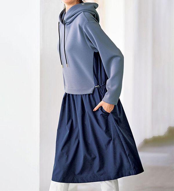 BELLUNA（ベルーナ）の「異素材切替ドロスト使いワンピース（その他ワンピース）」｜ブルーグレー／ネイビー