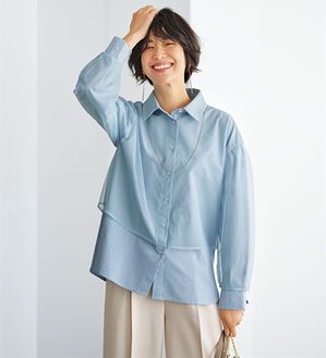 BELLUNA（ベルーナ）の「華やぎチュール重ねシャツブラウス（ブラウス）」｜ブルーストライプ