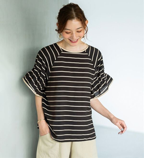 BELLUNA（ベルーナ）の「ドビーボーダー袖タックブラウス（ブラウス）」｜ブラウン系