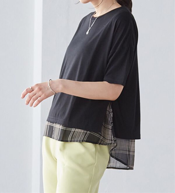 RANAN（ラナン）の「チェック柄異素材使いTシャツ（カットソー）」｜詳細画像