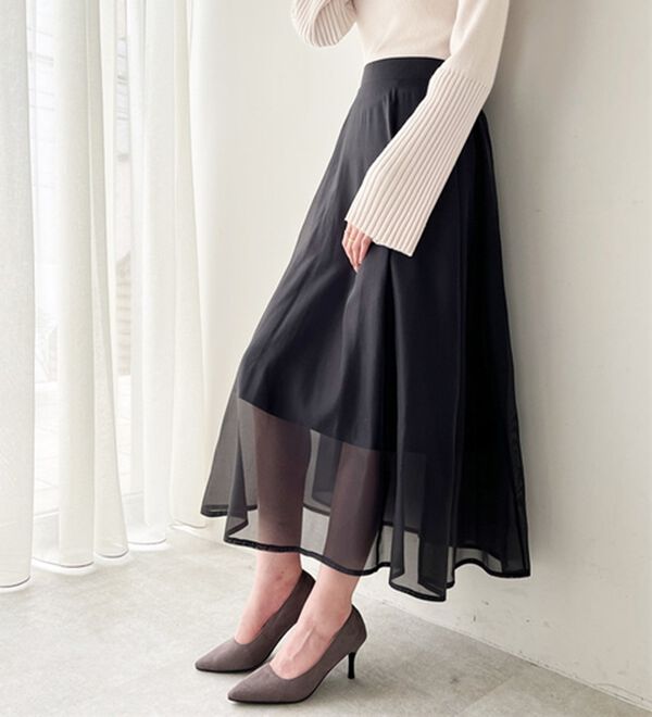 GeeRA（ジーラ）の「シアーデザインフレアーロングスカート（ロングスカート）」｜ブラック