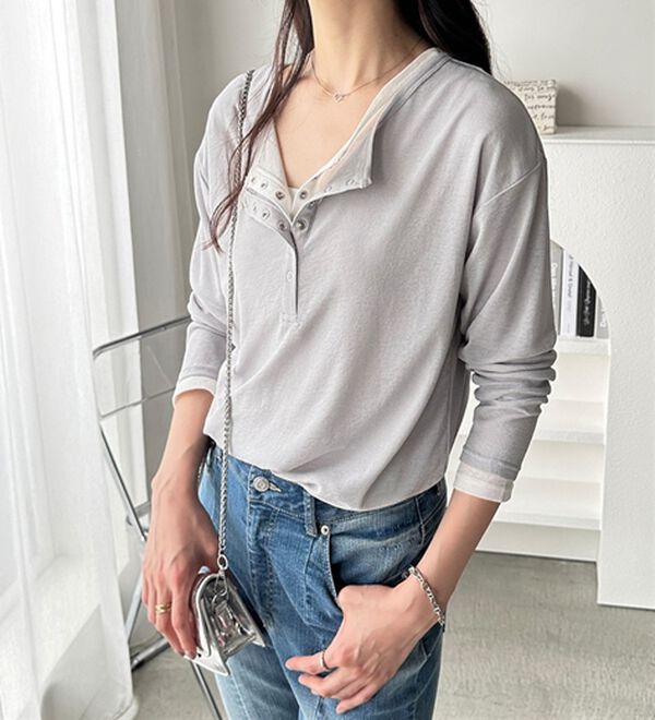 GeeRA（ジーラ）の「前後２ＷＡＹシアースラブヘンリーネックカットソー（カットソー）」｜詳細画像