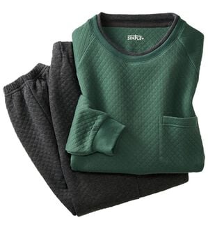 「＜シンプル＆プラス＞肌側綿１００％やわらかニットキルトパジャマ（メンズルームウェア）」｜グリーンセット