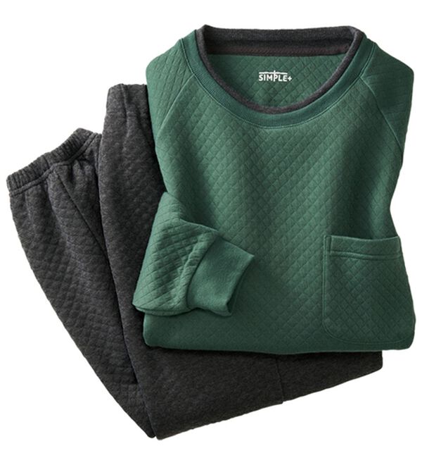 「＜シンプル＆プラス＞肌側綿１００％やわらかニットキルトパジャマ（メンズルームウェア）」｜グリーンセット