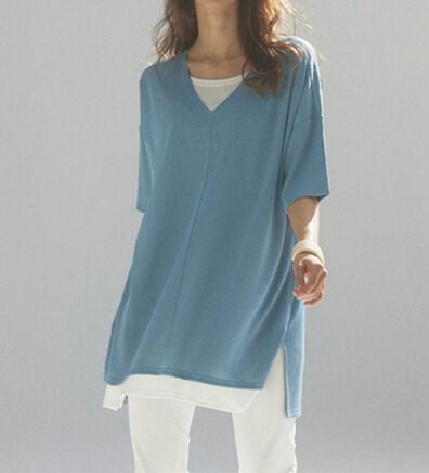 RANAN（ラナン）の「レイヤード風ニットソー半袖チュニック（チュニック）」