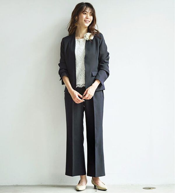 4点セット】〈ワイドパンツ〉ノーカラージャケットパンツスーツ4点 