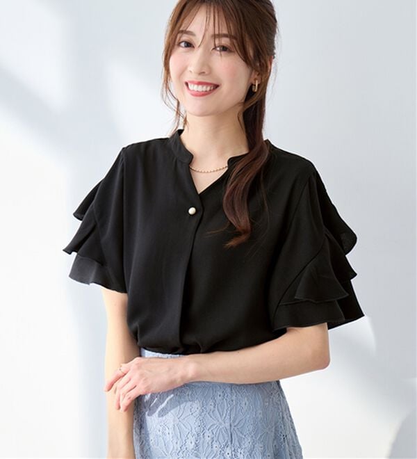 alotta（アロッタ）の「【接触冷感】フリル袖チュニックブラウス（チュニック）」｜ブラック