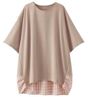 BELLUNA（ベルーナ）の「異素材チュニック（カットソー）」｜ローズグレー／チェック