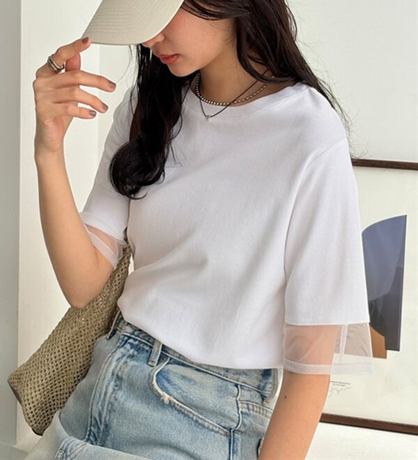 GeeRA（ジーラ）の「綿１００％袖シアー切替シルケットＴシャツ（Tシャツ）」｜詳細画像