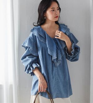 RANAN（ラナン）の「ビッグカラーフリルデニムブラウス（ブラウス）」｜ブルー