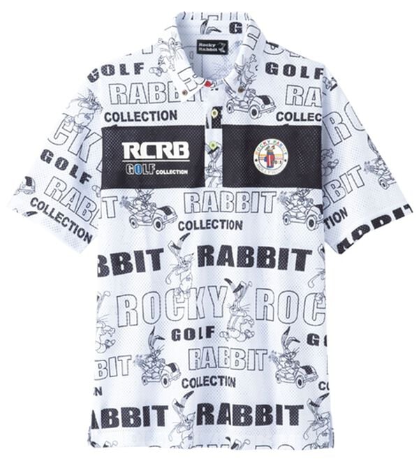 「＜ロッキーラビット＞総柄ビッグメッシュポロシャツ（メンズポロシャツ）」｜ホワイト