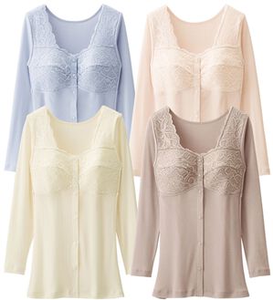 「【４色組】脱ぎ着が簡単！綿混前あきブラキャミ（肌着・インナーウェア）」｜8分袖