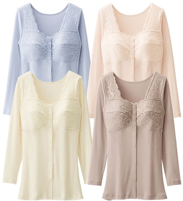 「【４色組】脱ぎ着が簡単！綿混前あきブラキャミ（肌着・インナーウェア）」｜8分袖