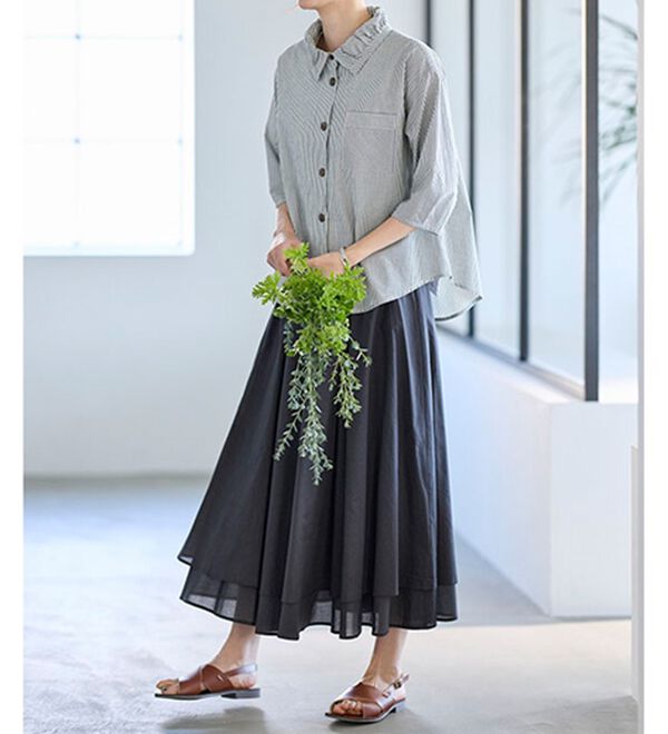 BELLUNA（ベルーナ）の「スカートに合わせるストライプギャザー衿ブラウス（シャツ）」｜詳細画像