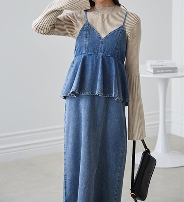 RANAN（ラナン）の「デニムペプラムキャミワンピース（ロングワンピース）」｜詳細画像