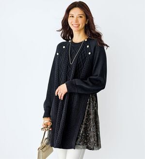 BELLUNA（ベルーナ）の「ケーブル柄ニット×チュール切替チュニック（チュニック）」｜ネイビー