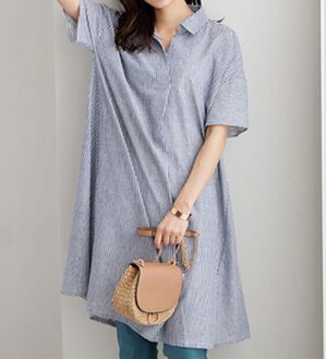 BELLUNA（ベルーナ）の「機能付リネン混スキッパーワンピース（カットソーワンピース）」｜ネイビーストライプ