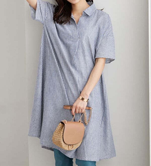 BELLUNA（ベルーナ）の「機能付リネン混スキッパーワンピース（カットソーワンピース）」｜ネイビーストライプ