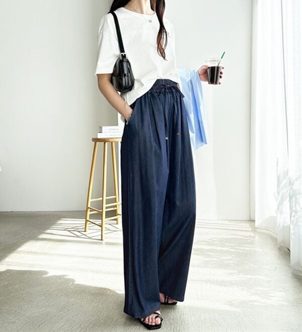 GeeRA（ジーラ）の「【接触冷感】穿いて感激！キレイ見えする楽ちんワイドデニムパンツ（ワイドパンツ・ガウチョ）」｜詳細画像