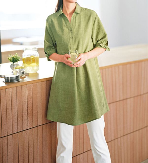 BELLUNA（ベルーナ）の「ヒンヤリ！麻調素材袖リボン使いシャツチュニック（チュニック）」｜詳細画像