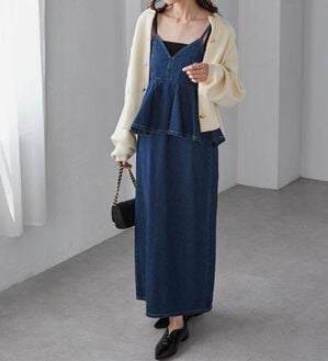 RANAN（ラナン）の「デニムペプラムキャミワンピース（ロングワンピース）」｜ネイビー