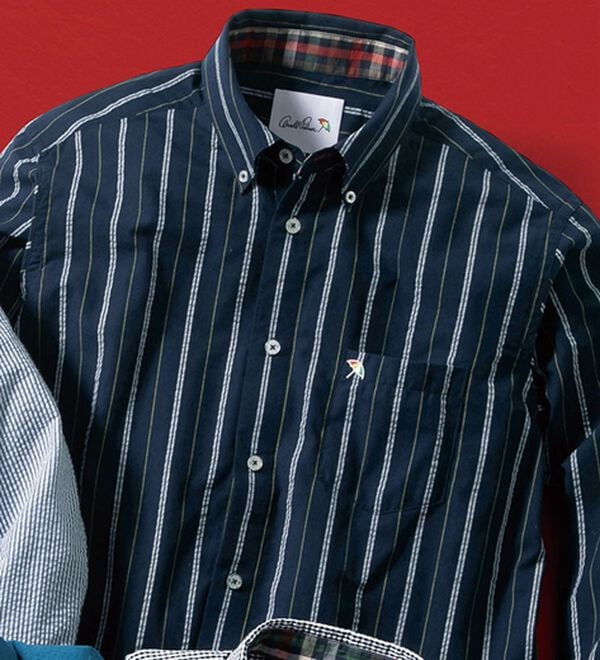 「＜アーノルド　パーマー＞シアサッカーデザインシャツ（長袖・７分袖）（メンズシャツ）」｜インディゴストライプ