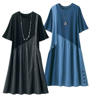 ルフラン（ルフラン）の「【２色組】柔らかデニム切替らくちんワンピース（カットソーワンピース）」｜詳細画像