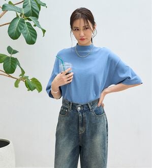 BELLUNA（ベルーナ）の「Ｔシャツが苦手な方に！ひんやり綿混ニットＴ【選べるデザイン】（ニット・セーター）」｜サックス(ニットT)