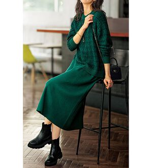 BELLUNA（ベルーナ）の「ジャカード素材ワンピースアンサンブル（アンサンブル）」｜モスグリーン系