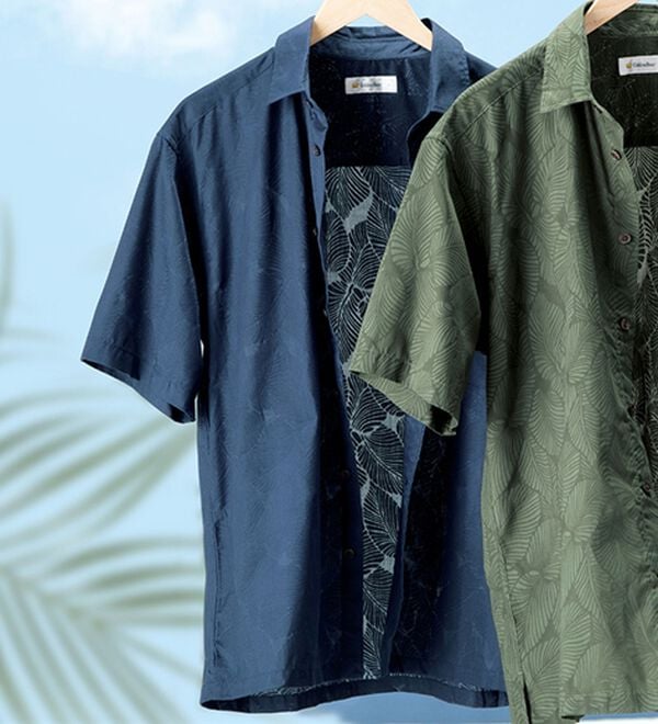 「＜ゴールデンベア＞涼やかリーフ柄オパールシャツ（メンズシャツ）」｜ネイビー