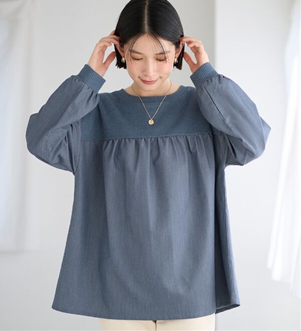 Viola e Viola（ヴィオラ エ ヴィオラ）の「アゼ編み風裏起毛　異素材切替プルオーバー（カットソー）」｜詳細画像