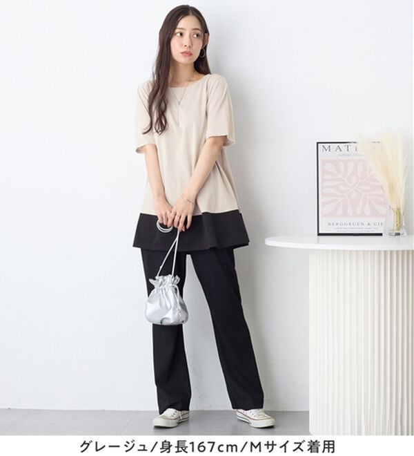 Viola e Viola（ヴィオラ エ ヴィオラ）の「【接触冷感】なめらか上品カットソー配色切替Ａラインチュニック（チュニック）」｜詳細画像