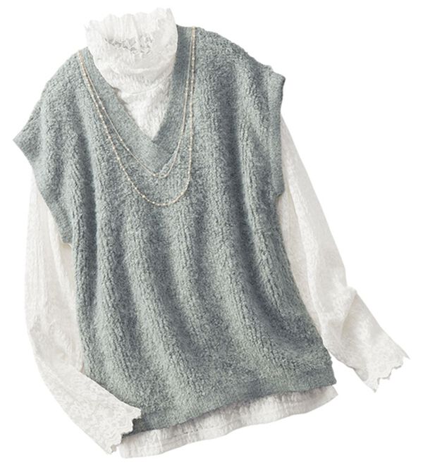 BELLUNA（ベルーナ）の「《首元のシワをおしゃれに隠せる》ブークレー調ニットレース使いアンサンブル（アンサンブル）」｜ライトグレー&times;オフ白