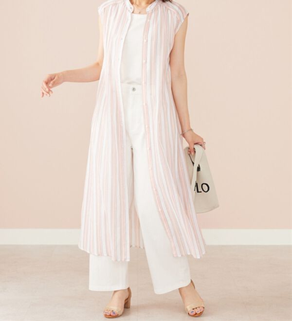 BELLUNA（ベルーナ）の「ラメ入りストライプ柄シアーロングシャツ（シャツワンピース）」｜詳細画像