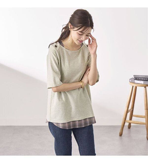 BELLUNA（ベルーナ）の「ひんやり冷感！タックジャカード素材重ね着風プルオーバー（カットソー）」｜詳細画像