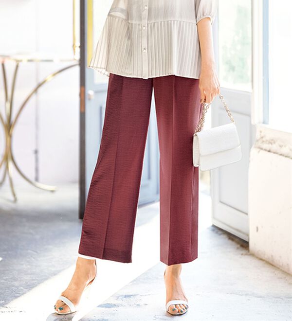 BELLUNA（ベルーナ）の「ヒンヤリ爽快！麻調ビンテージワイドパンツ（ワイドパンツ・ガウチョ）」｜バーガンディ