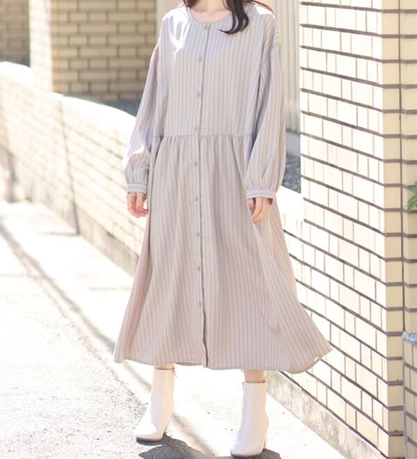 A HAPPY MARILYN（アハッピーマリリン）の「【ＬＬ～６Ｌ】「ゆとりＭＡＲＩＬＹＮ」ストライプ前開きシャツワンピース（シャツワンピース）」｜グレージュ