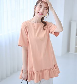 alotta（アロッタ）の「【接触冷感】すっきり細見え！裾フリルＡラインチュニックＴシャツ（チュニック）」｜コーラル