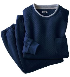 「＜シンプル＆プラス＞肌側綿１００％やわらかニットキルトパジャマ（メンズルームウェア）」｜ネイビーセット