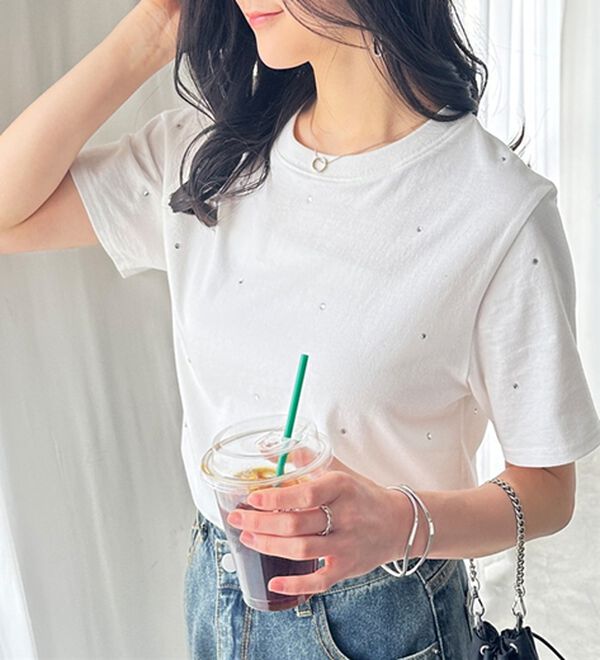 GeeRA（ジーラ）の「綿１００％ラインストーンドットＴシャツ（カットソー）」｜詳細画像