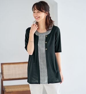 BELLUNA（ベルーナ）の「ひんやり冷感！タックジャカード素材重ね着風プルオーバー（カットソー）」｜黒