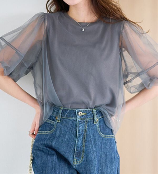 RANAN（ラナン）の「【ひんやり】チュールレイヤードパフスリーブTシャツ（カットソー）」｜チャコール