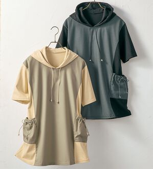 BELLUNA（ベルーナ）の「【２枚組】異素材切替スピンドル使いフードチュニック（チュニック）」｜詳細画像